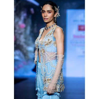 Anu Pellakuru Blue Mrdvi Embroidered Jacket with Bustier and Sharara (Set of 3)