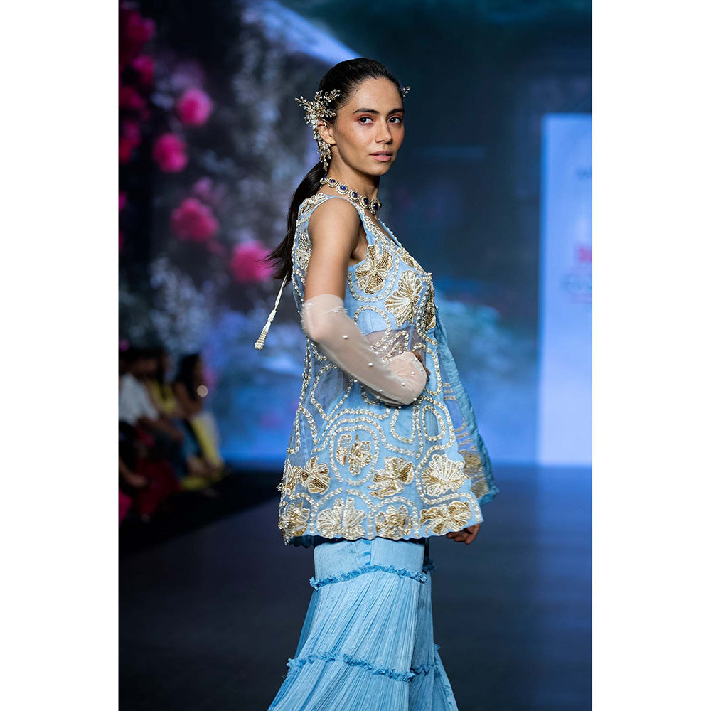Anu Pellakuru Blue Mrdvi Embroidered Jacket with Bustier and Sharara (Set of 3)