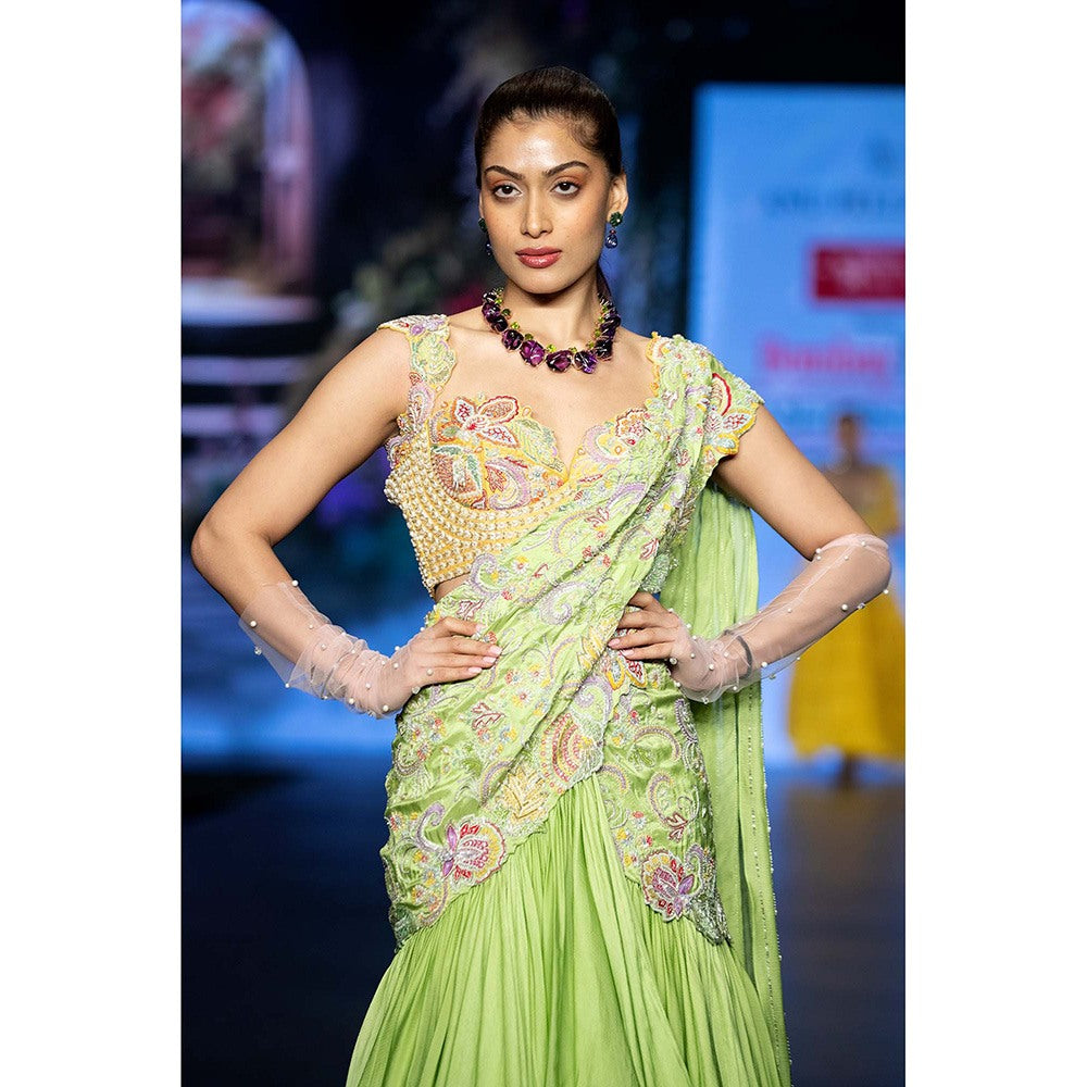 Anu Pellakuru Green Kuha Pre-Draped Saree with Stitched Blouse