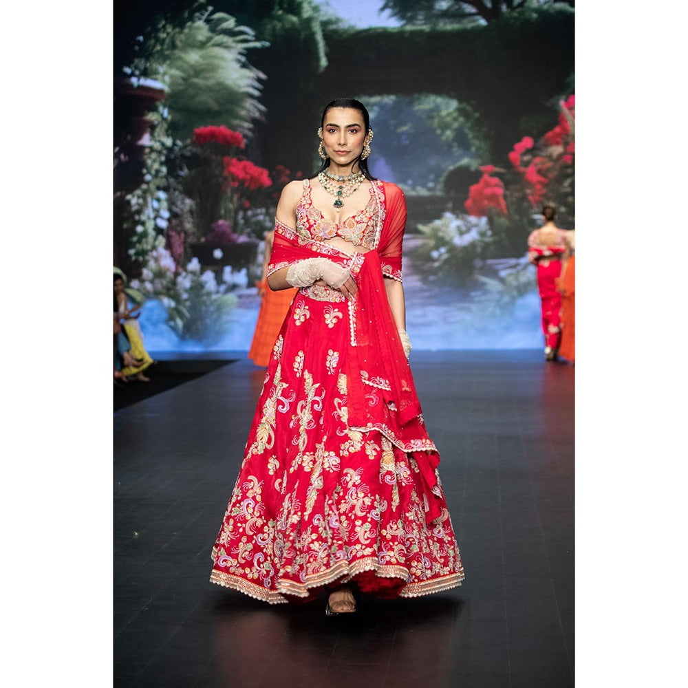 Anu Pellakuru Red Gunjan Embroidered Lehenga with Blouse and Dupatta (Set of 3)