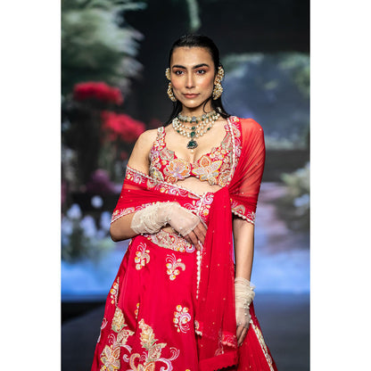 Anu Pellakuru Red Gunjan Embroidered Lehenga with Blouse and Dupatta (Set of 3)