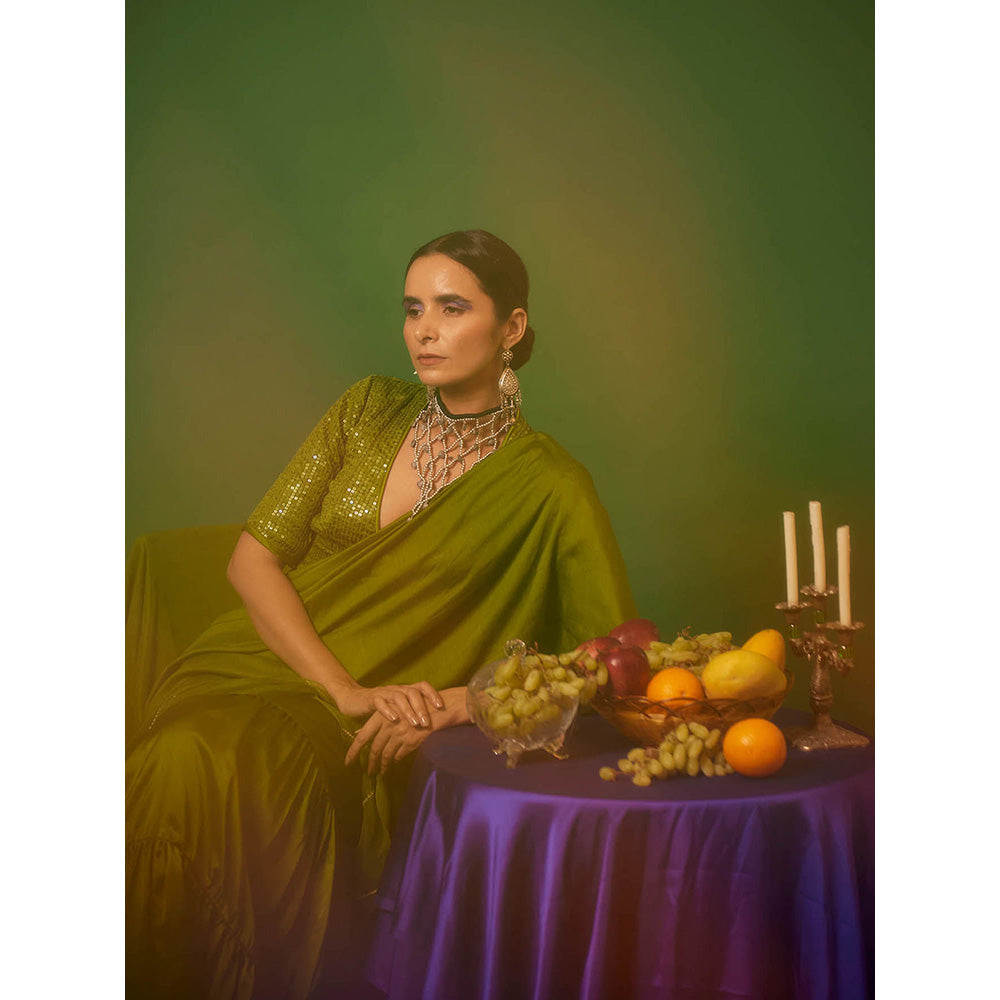 Apeksha Jain Label Olive Embellished Pre Draped Saree with Stitched Blouse
