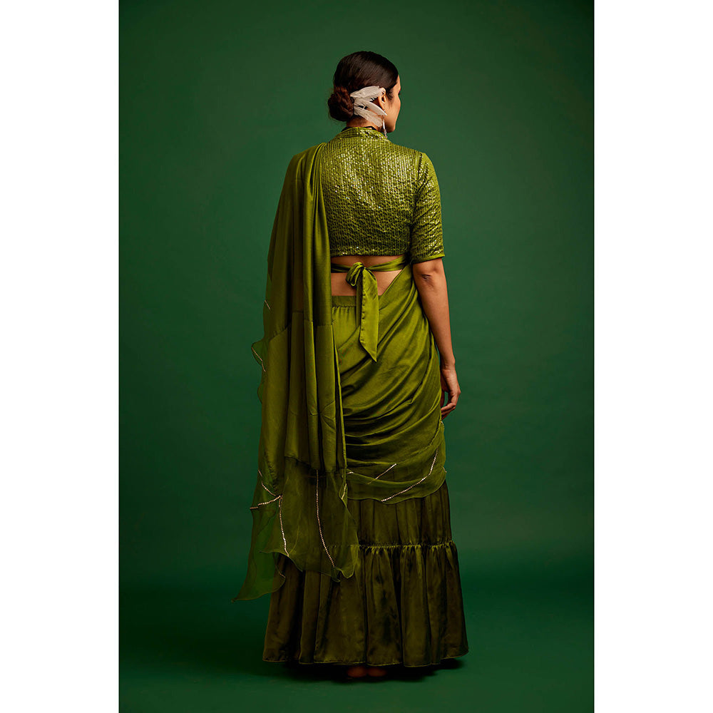 Apeksha Jain Label Olive Embellished Pre Draped Saree with Stitched Blouse