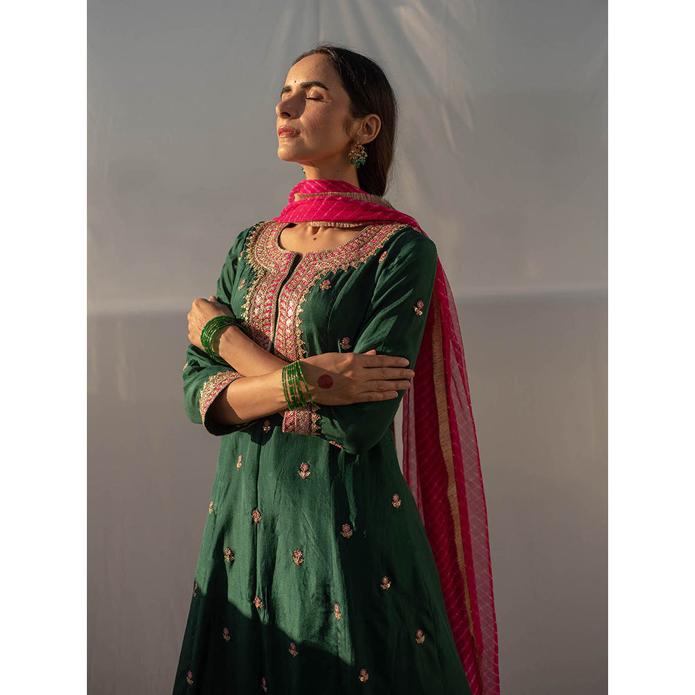 Apeksha Jain Label Green Anarkali with Palazzo and Dupatta (Set of 3)