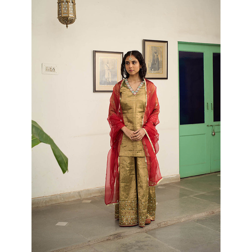 Apeksha Jain Label Gold Kurta with Sharara and Dupatta (Set of 3)