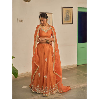 Apeksha Jain Label Orange Malhar Lehenga with Blouse and Dupatta (Set of 3)