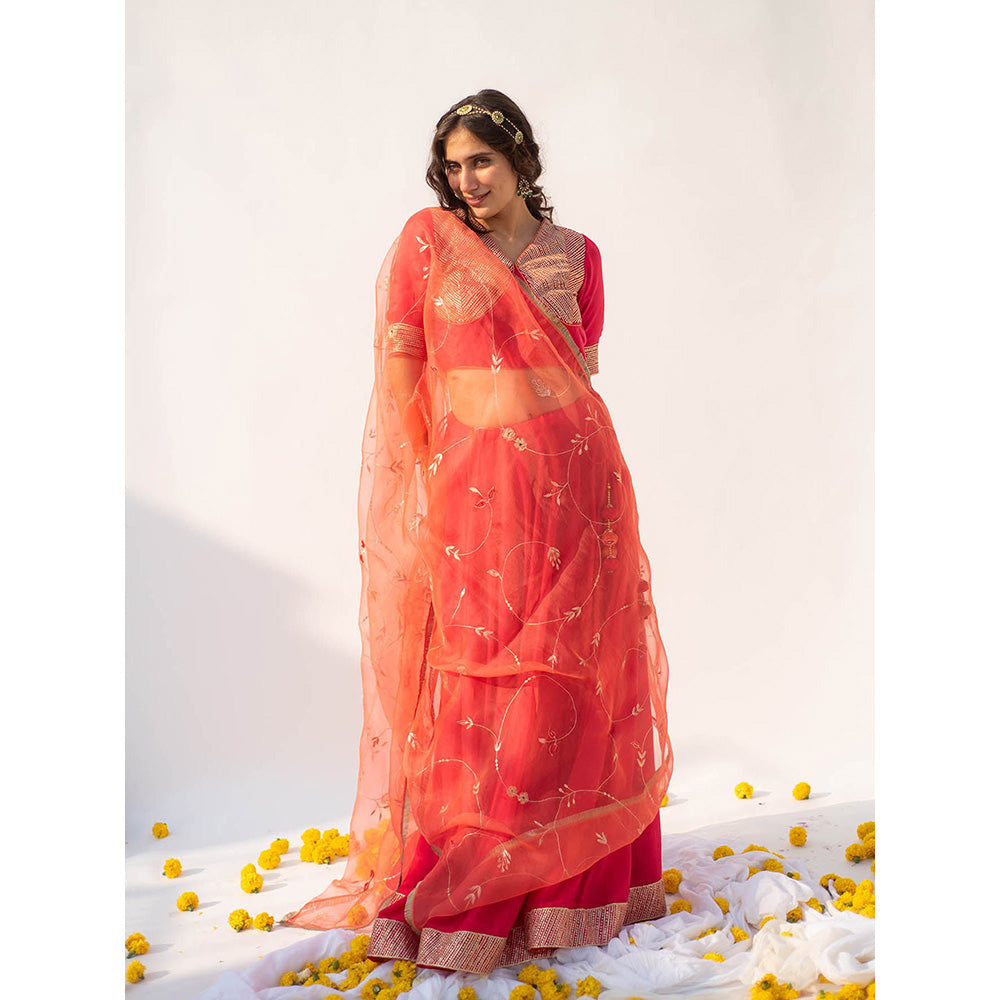 Apeksha Jain Label Red Lehenga with Blouse and Dupatta (Set of 3)