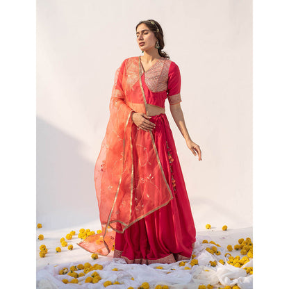 Apeksha Jain Label Red Lehenga with Blouse and Dupatta (Set of 3)