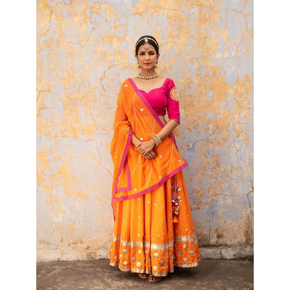 Apeksha Jain Label Orange Lehenga with Blouse and Dupatta (Set of 3)