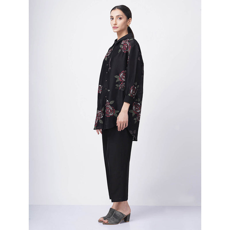 ARCVSH by Pallavi Singh Multi Rose Print Black Shirt with Pants & Slip (Set of 3)
