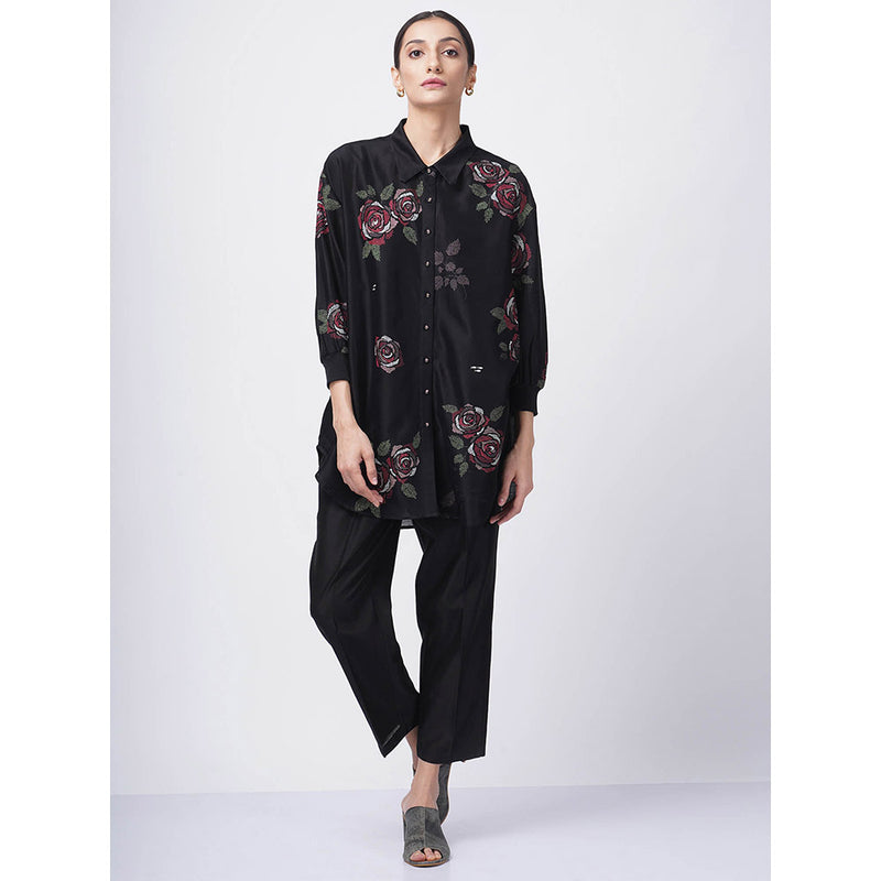 ARCVSH by Pallavi Singh Multi Rose Print Black Shirt with Pants & Slip (Set of 3)