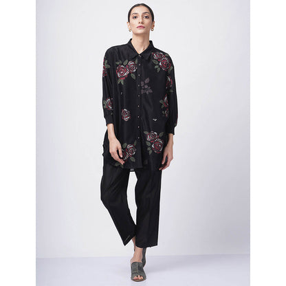 ARCVSH by Pallavi Singh Multi Rose Print Black Shirt with Pants & Slip (Set of 3)
