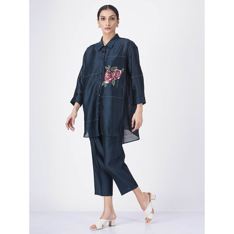 ARCVSH by Pallavi Singh Multi Rose Print Indigo Shirt with Pants & Slip (Set of 3)
