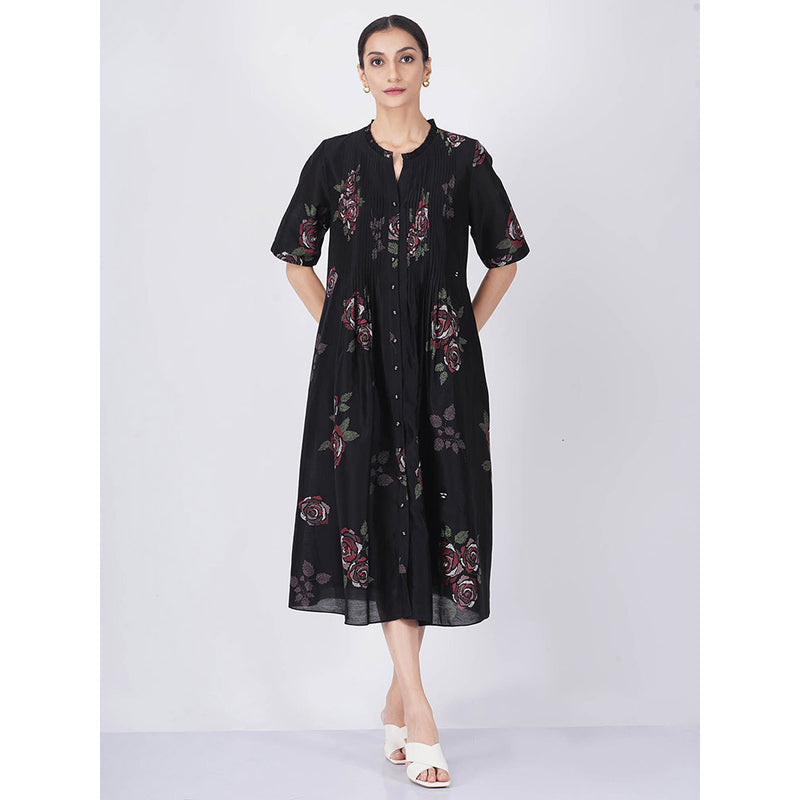ARCVSH by Pallavi Singh Multi Rose Print Pleated Black Dress with Slip (Set of 2)