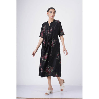 ARCVSH by Pallavi Singh Multi Rose Print Pleated Black Dress with Slip (Set of 2)