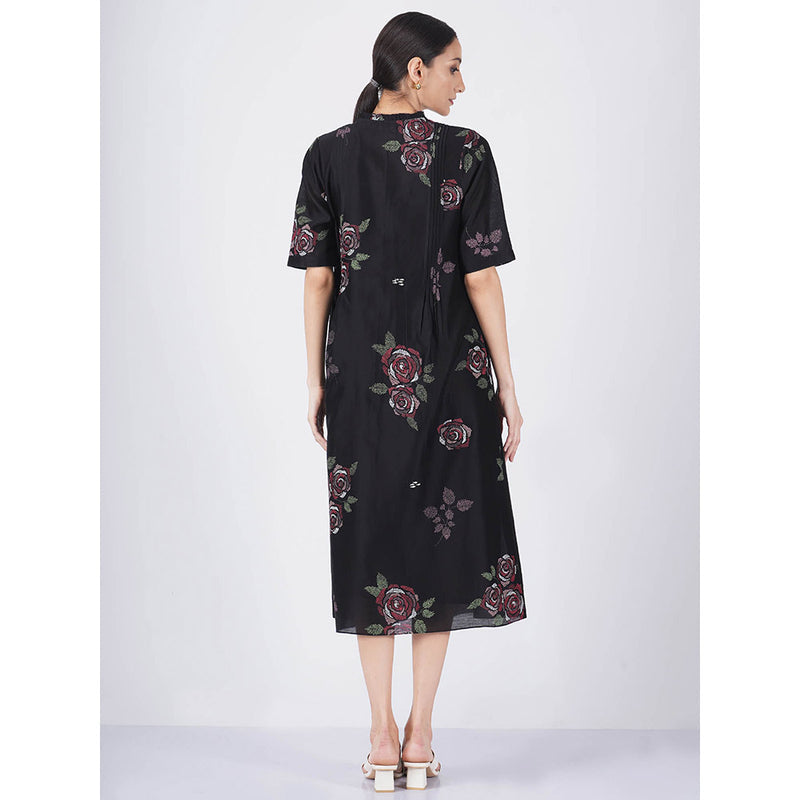 ARCVSH by Pallavi Singh Multi Rose Print Pleated Black Dress with Slip (Set of 2)