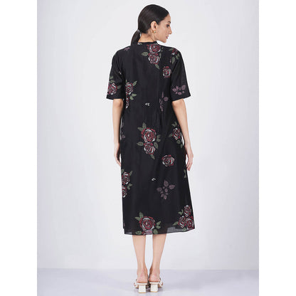 ARCVSH by Pallavi Singh Multi Rose Print Pleated Black Dress with Slip (Set of 2)