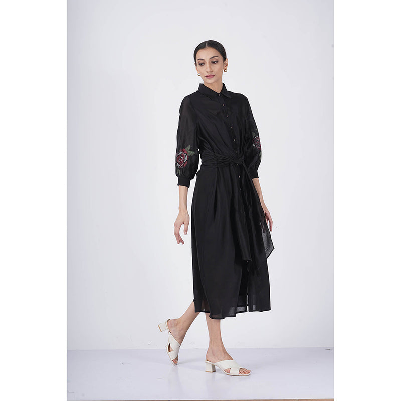 ARCVSH by Pallavi Singh Multi Rose Tie-Up Black Dress with Slip (Set of 2)