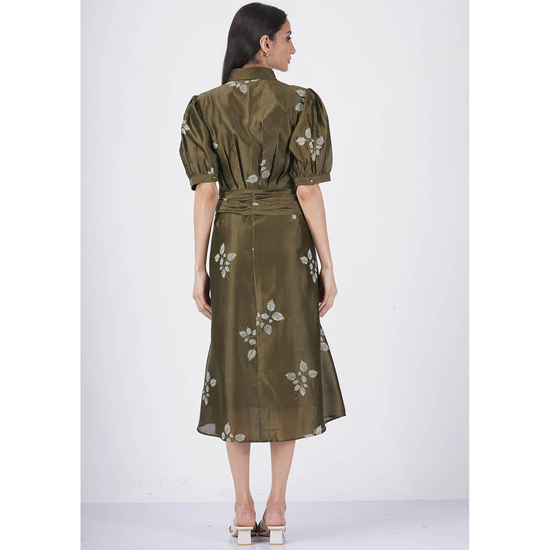 ARCVSH by Pallavi Singh Olive Leaf Print Puff Sleeve Dress with Slip (Set of 2)