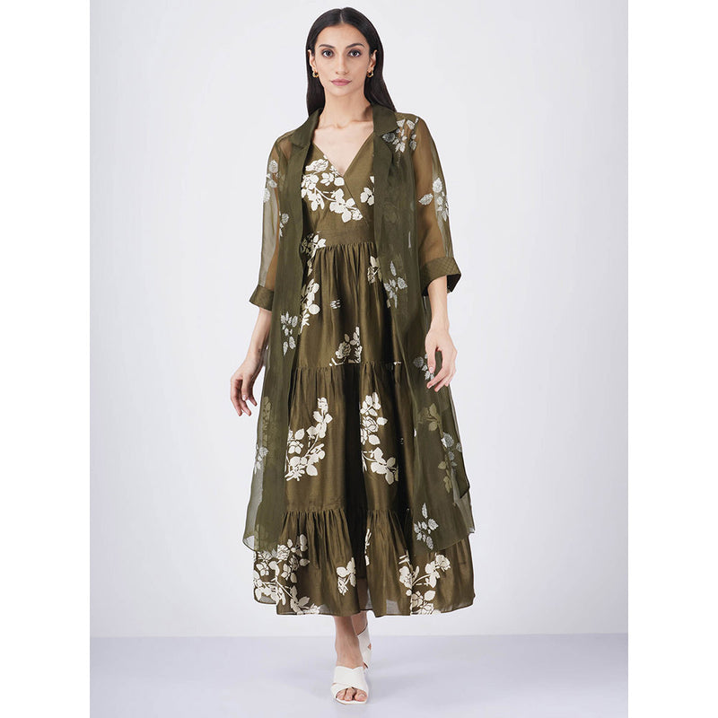 ARCVSH by Pallavi Singh Ivy Petal Print Tier Olive Dress with Organza Jacket (Set of 2)