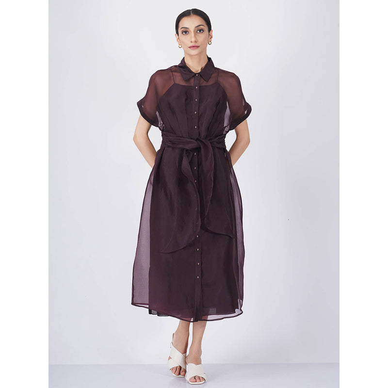 ARCVSH by Pallavi Singh Solid Strap Purple Dress with Pleated Tie-Up Overlay (Set of 2)