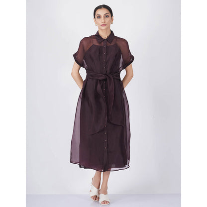 ARCVSH by Pallavi Singh Solid Strap Purple Dress with Pleated Tie-Up Overlay (Set of 2)
