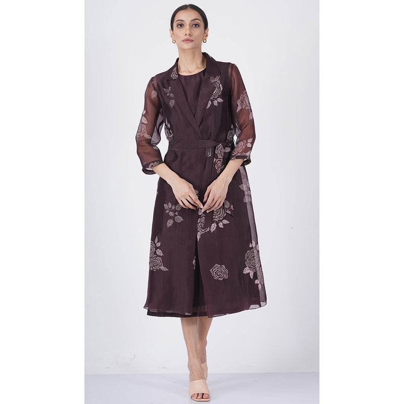 ARCVSH by Pallavi Singh Rose Print Organza Purple Jacket with Solid Dress & Belt (Set of 3)