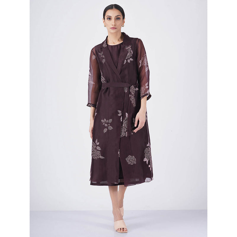 ARCVSH by Pallavi Singh Rose Print Organza Purple Jacket with Solid Dress & Belt (Set of 3)