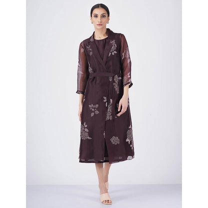 ARCVSH by Pallavi Singh Rose Print Organza Purple Jacket with Solid Dress & Belt (Set of 3)