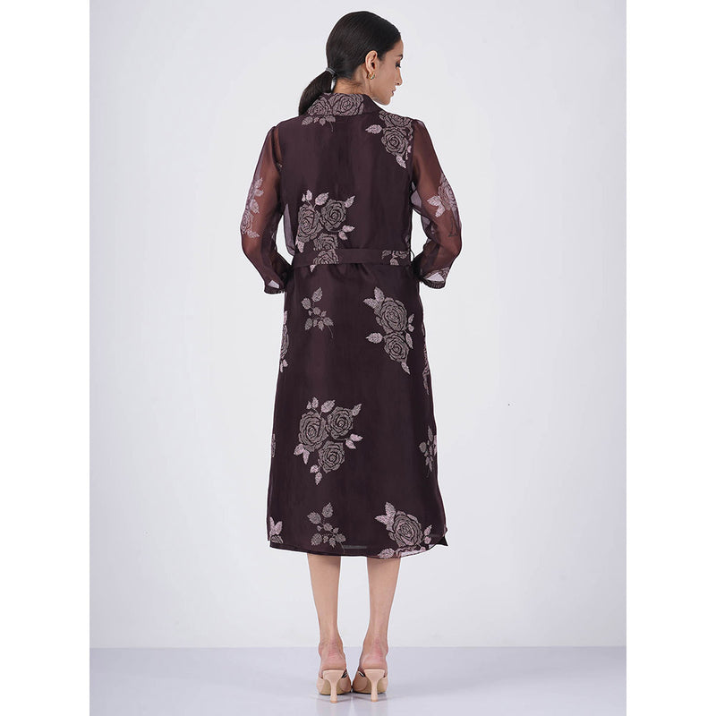 ARCVSH by Pallavi Singh Rose Print Organza Purple Jacket with Solid Dress & Belt (Set of 3)