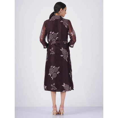 ARCVSH by Pallavi Singh Rose Print Organza Purple Jacket with Solid Dress & Belt (Set of 3)