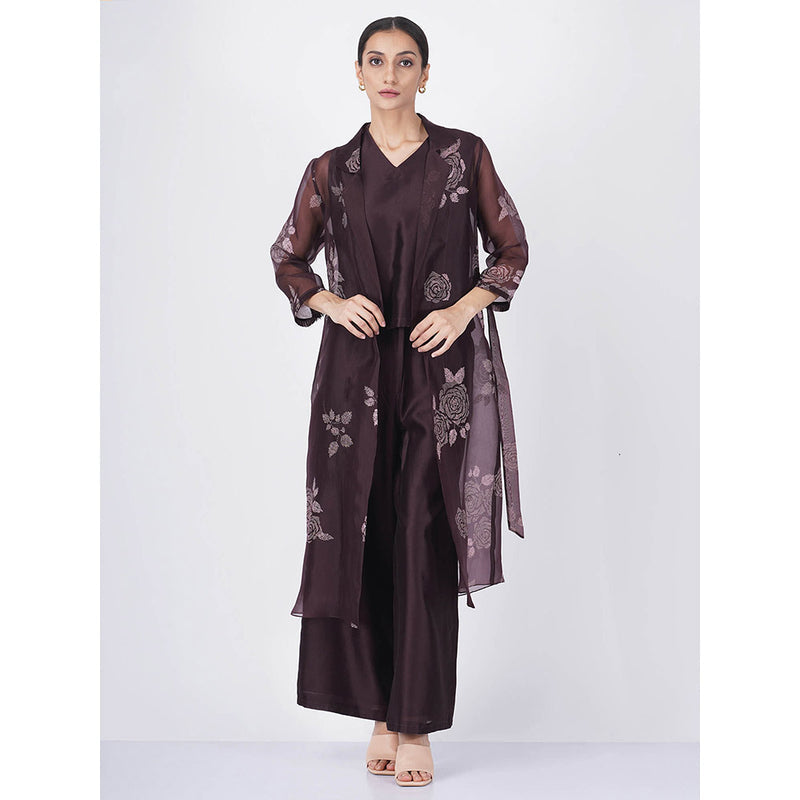 ARCVSH by Pallavi Singh Purple V-Neck Top with Straight Pants & Rose Organza Jacket (Set of 3)