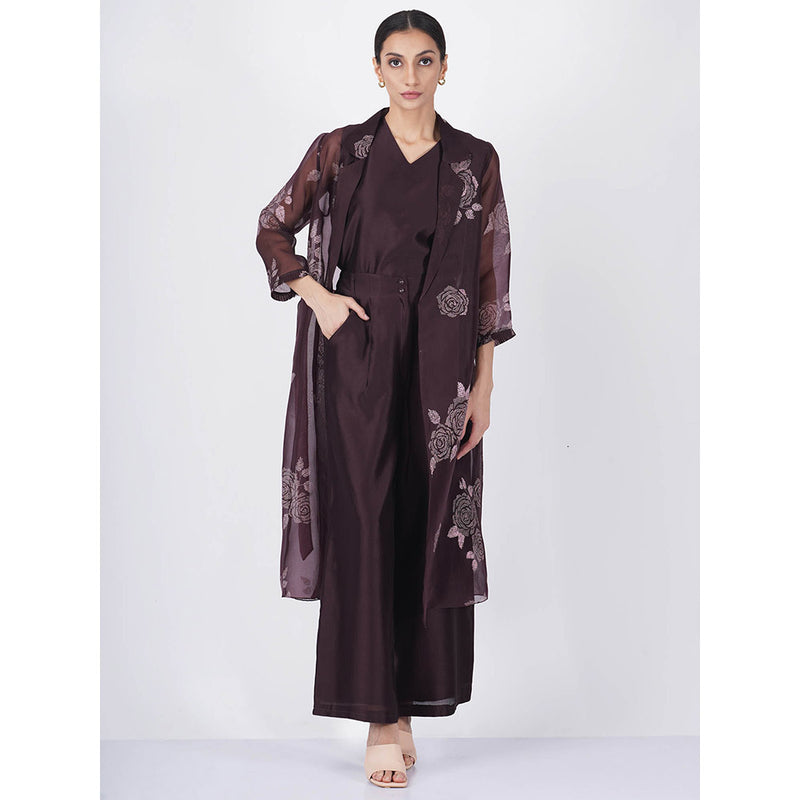 ARCVSH by Pallavi Singh Purple V-Neck Top with Straight Pants & Rose Organza Jacket (Set of 3)