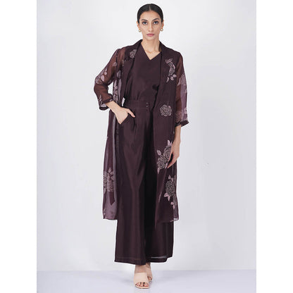ARCVSH by Pallavi Singh Purple V-Neck Top with Straight Pants & Rose Organza Jacket (Set of 3)