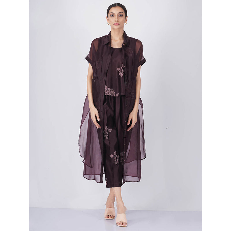 ARCVSH by Pallavi Singh Purple Rose Printed Top & Straight Pant with Organza Jacket (Set of 3)
