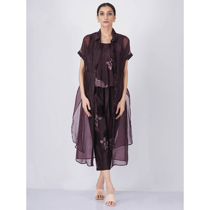 ARCVSH by Pallavi Singh Purple Rose Printed Top & Straight Pant with Organza Jacket (Set of 3)