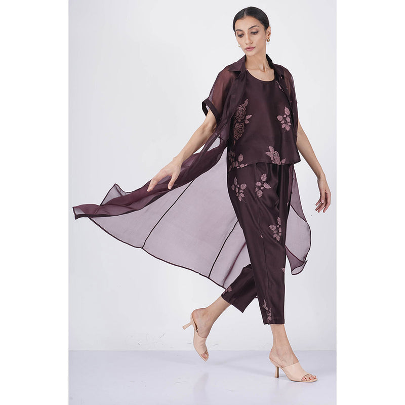 ARCVSH by Pallavi Singh Purple Rose Printed Top & Straight Pant with Organza Jacket (Set of 3)
