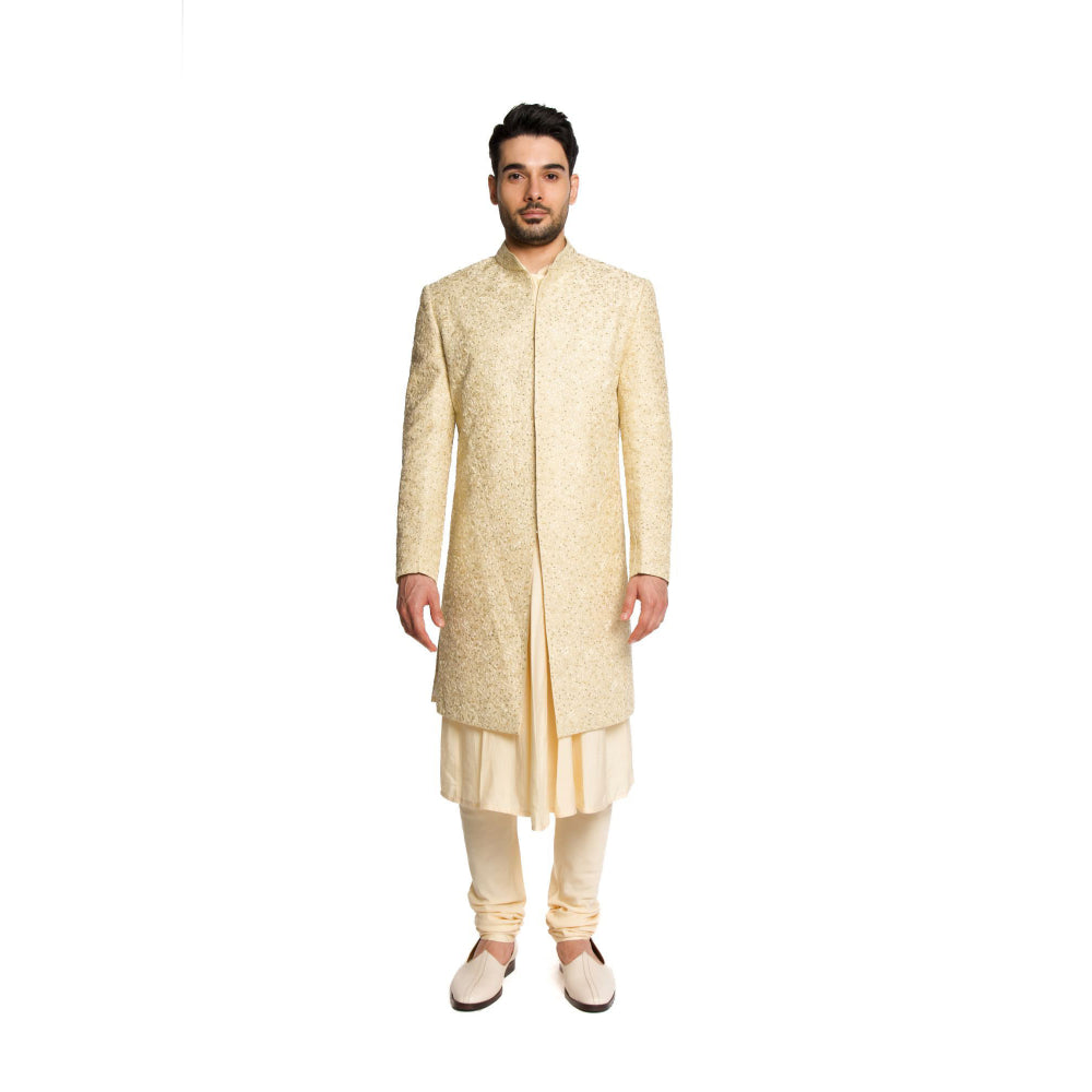 Arjun Kilachand Beige Sequins Embroidered Sherwani with Kurta and Churidar (Set of 3)