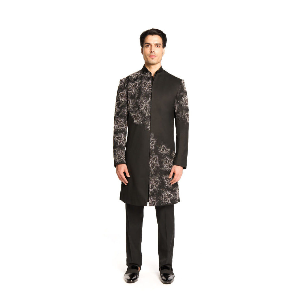 Arjun Kilachand Black Bead Cut Dana Embroidered Placement Sherwani with Pant (Set of 2)
