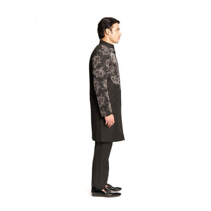 Arjun Kilachand Black Bead Cut Dana Embroidered Placement Sherwani with Pant (Set of 2)