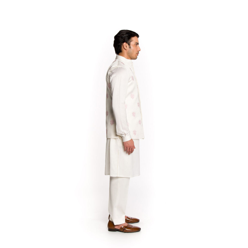 Arjun Kilachand Ivory All Over Motifs Embroidered Bundi Jacket with Kurta and Pant (Set of 3)