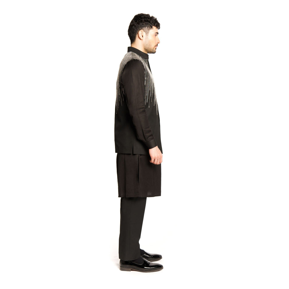 Arjun Kilachand Black Sequins Bundi Jacket with Kurta and Pant (Set of 3)