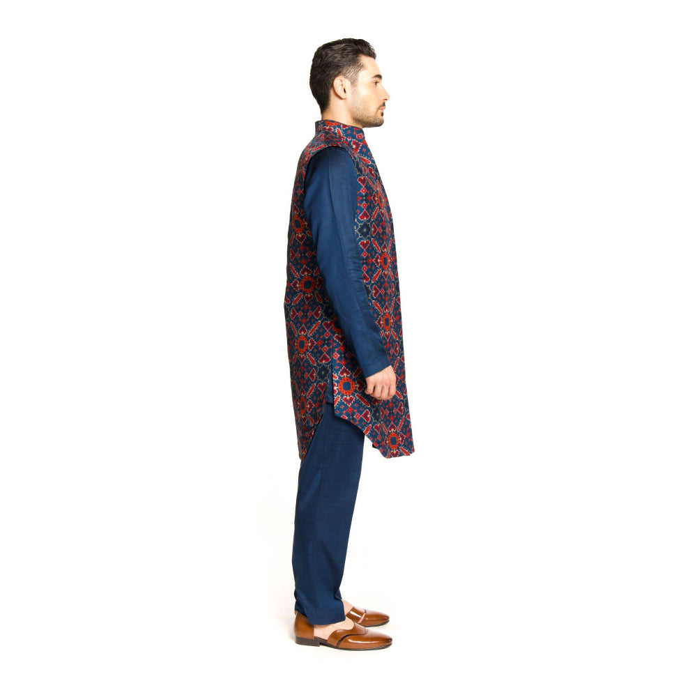 Arjun Kilachand Navy Blue Patola Open Long Bundi Jacket with Kurta and Pant (Set of 3)