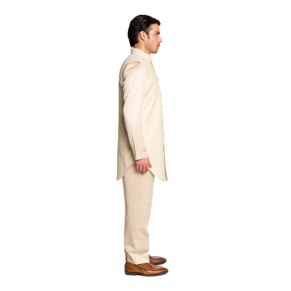 Arjun Kilachand Cream Jacquard Bucket Cut Long Bundi Jacket with Kurta and Pant (Set of 3)