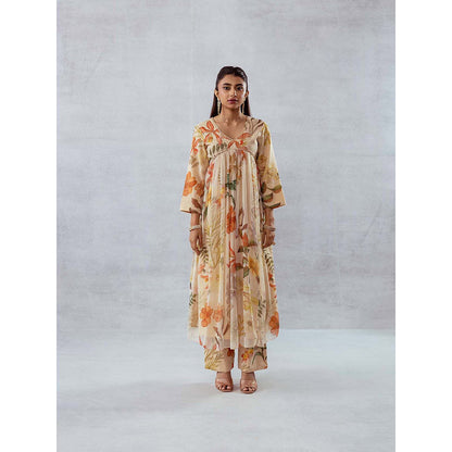 AROOP SHOP INDIA Women Beige Floral Anarkali Kurta with Pant (Set of 2)