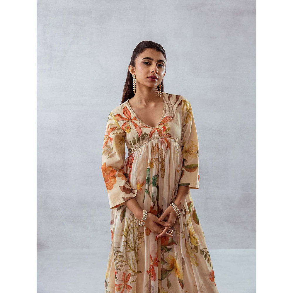AROOP SHOP INDIA Women Beige Floral Anarkali Kurta with Pant (Set of 2)