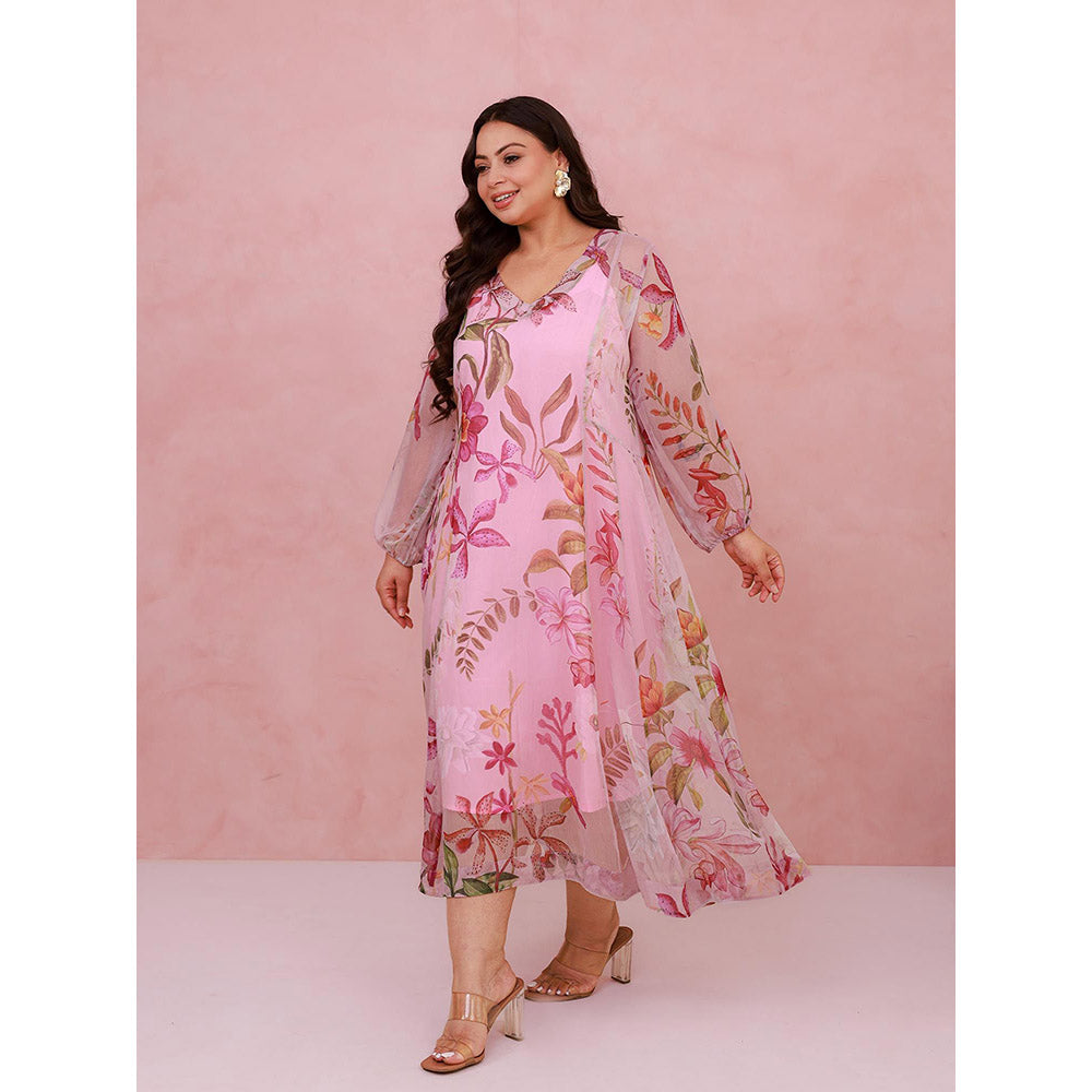 AROOP SHOP INDIA Pink Plumeria Midi Dress with Slip