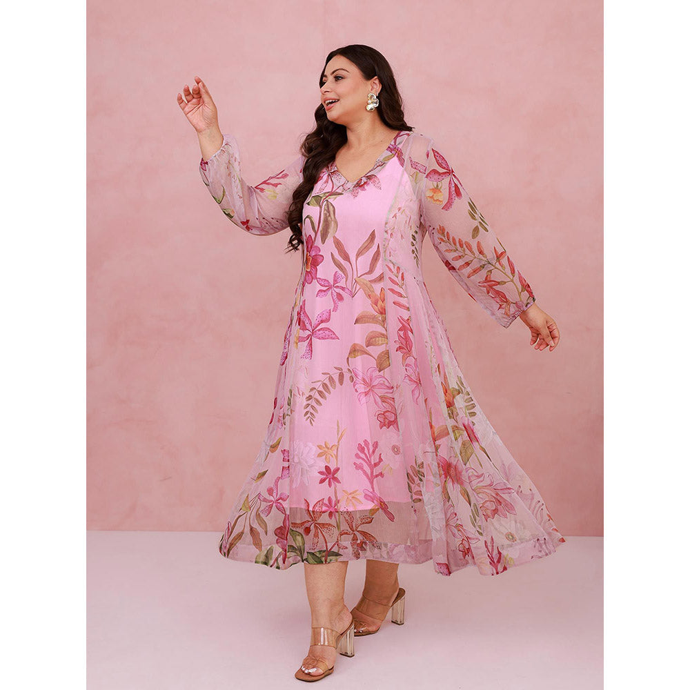 AROOP SHOP INDIA Pink Plumeria Midi Dress with Slip