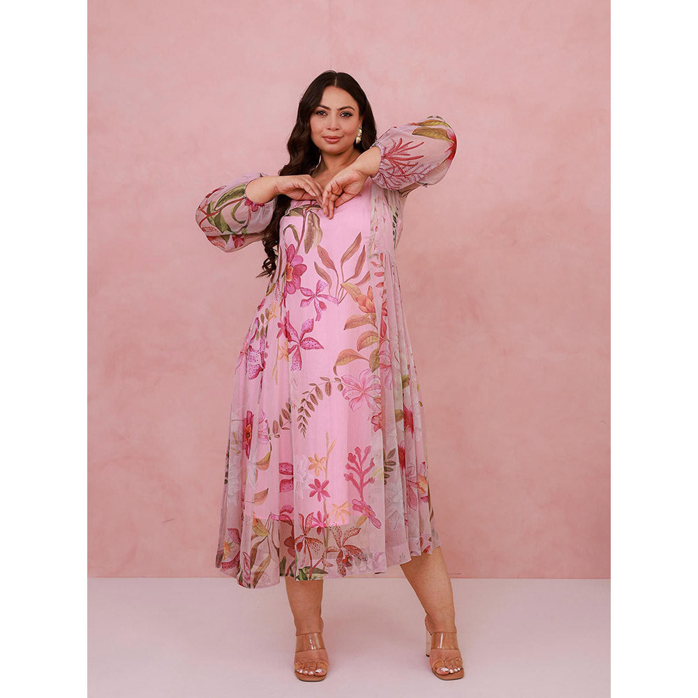 AROOP SHOP INDIA Pink Plumeria Midi Dress with Slip