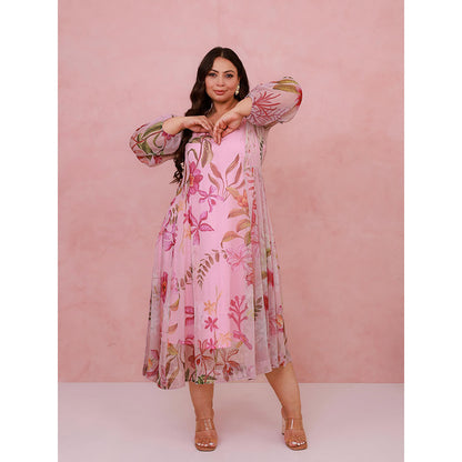 AROOP SHOP INDIA Pink Plumeria Midi Dress with Slip
